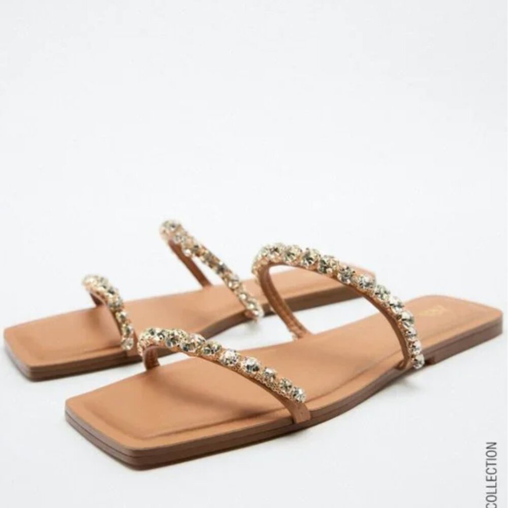 NWT ZARA RHINESTONE GEM DETAIL FLAT SANDALS